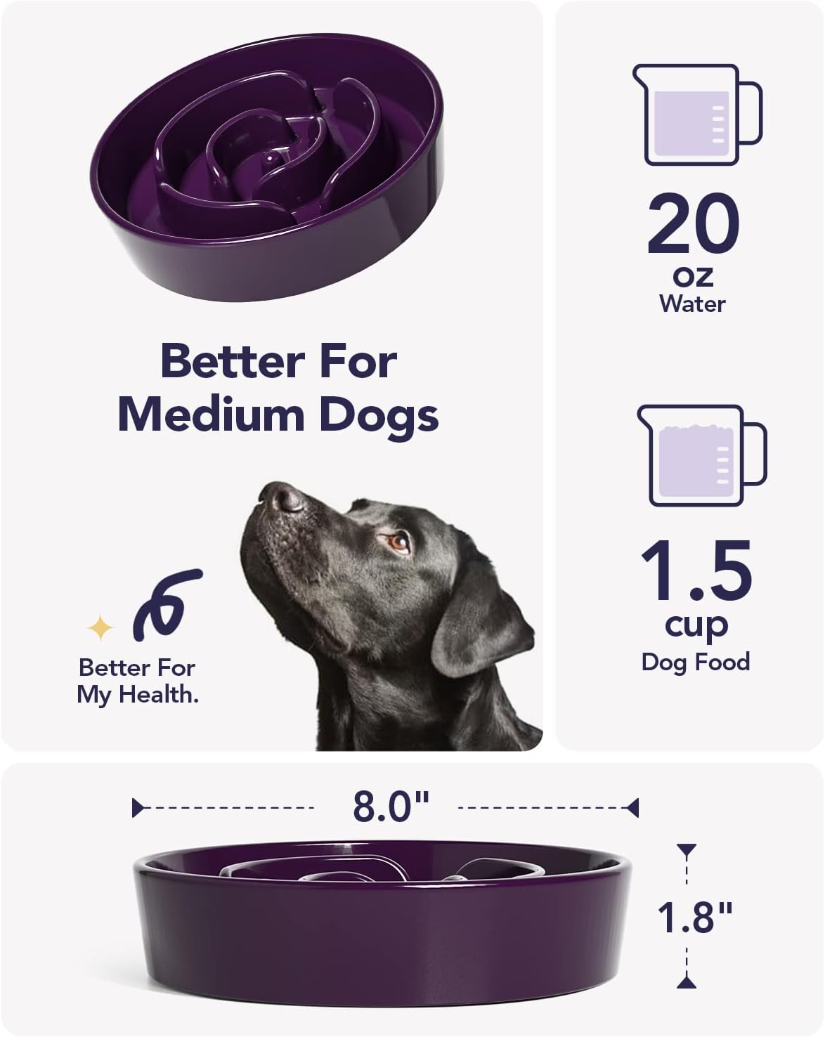LE TAUCI Dog Bowls Slow Feeder Ceramic, 1.5 Cup Slow Feeding Bowl for Small and Medium Breed, Puzzle Dog Food Bowl for Fast Eater, Maze Purple 