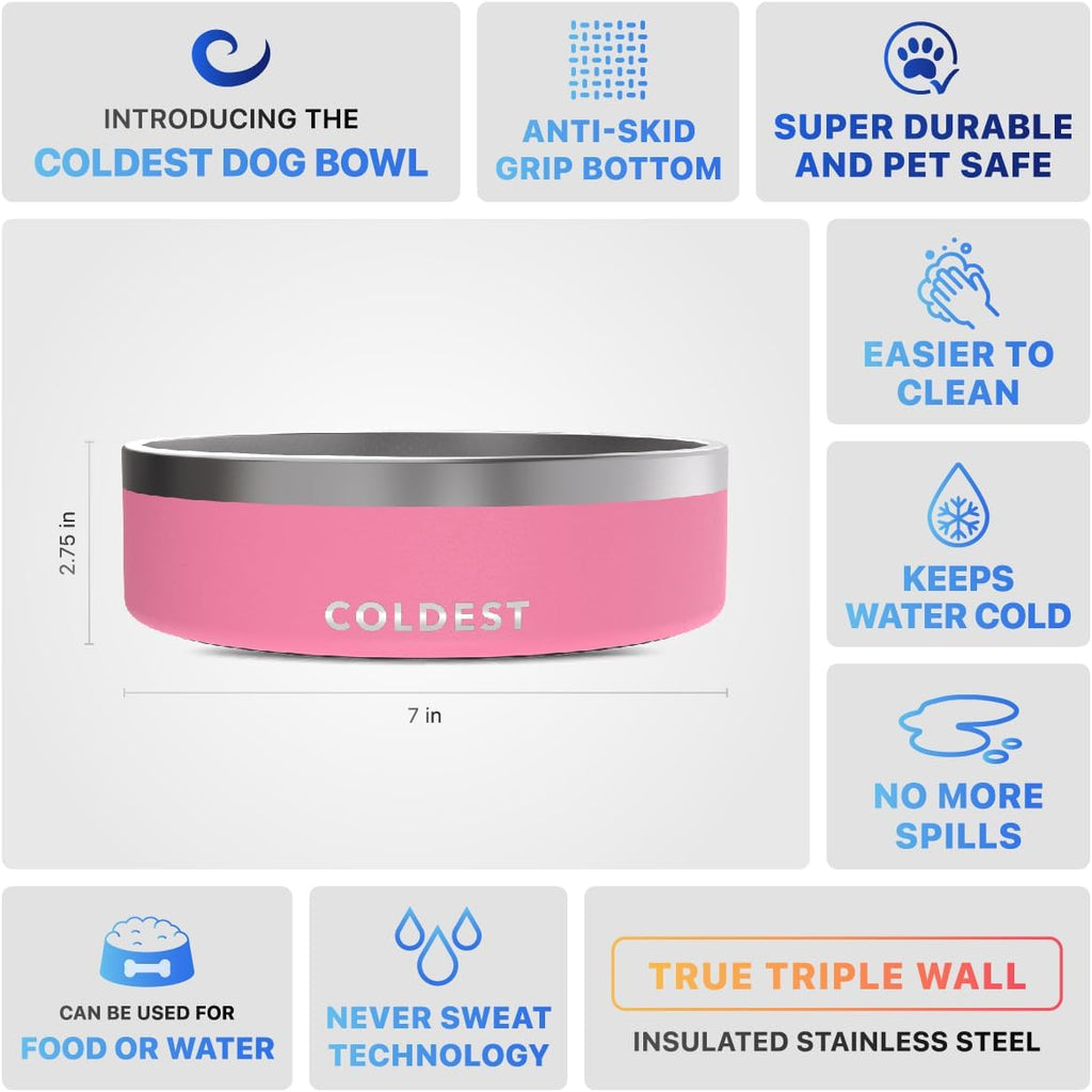 Coldest Dog Bowl - Anti Rust Metal, Non Slip, 3 Layers Insulated Stainless Steel Dog Bowls - Spill Proof & Heavy Duty - Water Bowl for Dogs, Cats & Pets, Dish Washer Safe (42 oz,Cotton Candy Pink) 