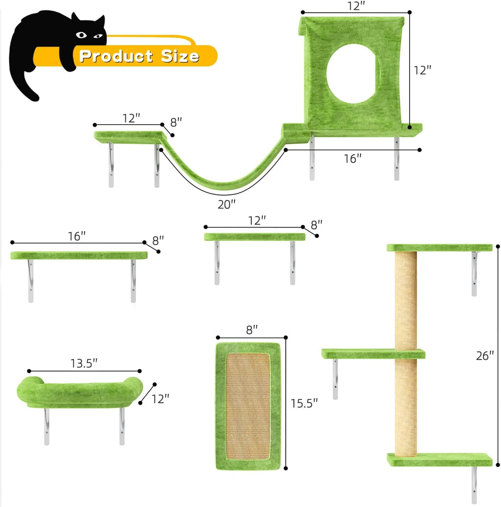 NUNU LAB Wall Mounted Cat Furniture Set - 6 Pcs Climber Set with House, Bridge, Steps, Scratcher Board - DIY Walls Playground, Indoor Cat Shelves - Green