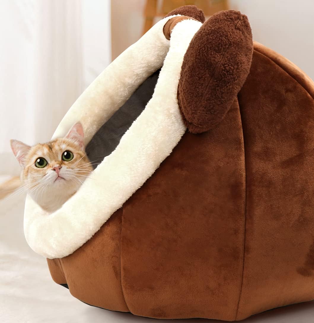 Cat Beds for Indoor Cats -Bear Animal-Shaped Cat Cave Bed with Toy ,Brown L