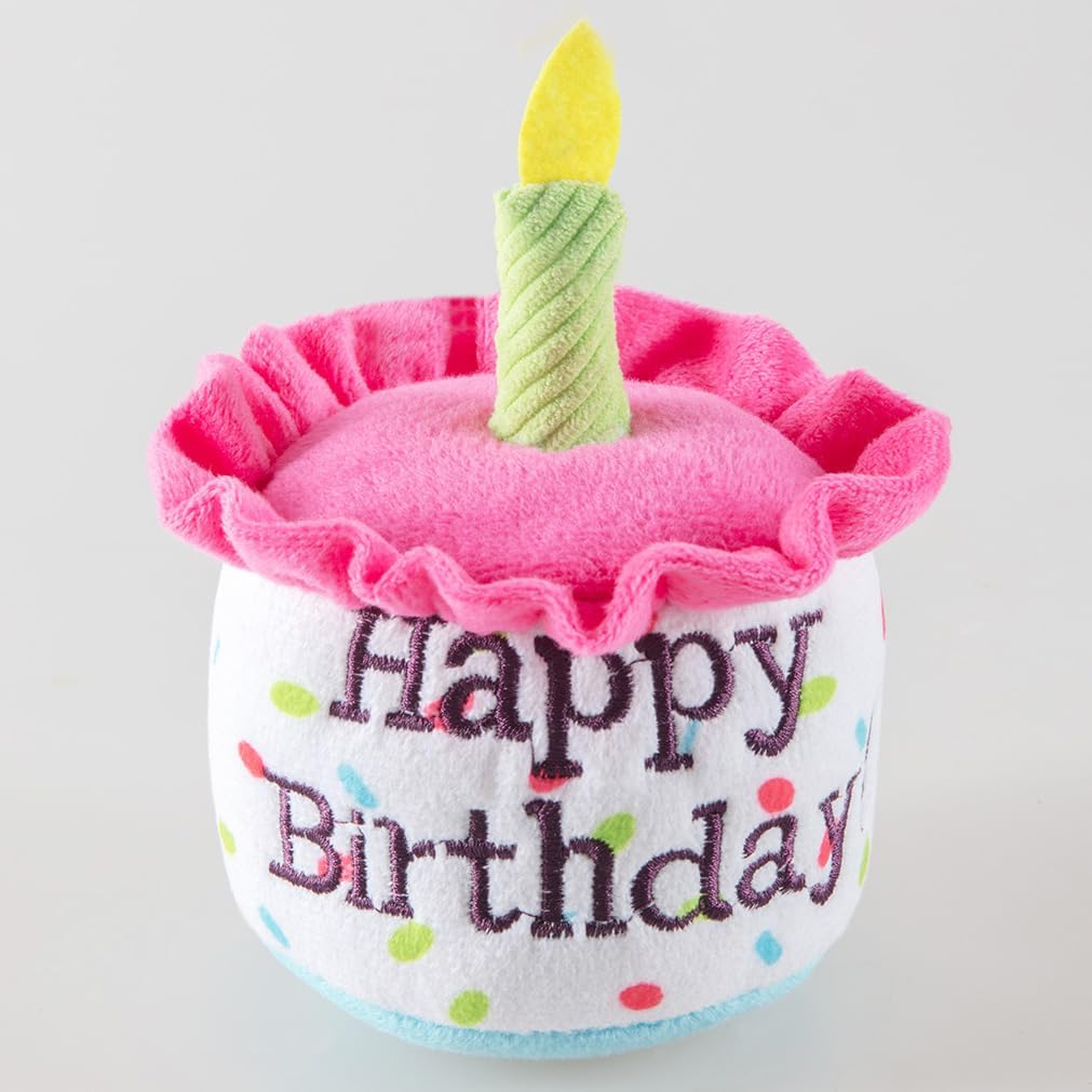 Happy Birthday Cake Catnip Toys, Birthday Cake Shaped Chew Toys for Kitten Funny Cats Gifts Plush Cat Birthday Party Toys, Pink