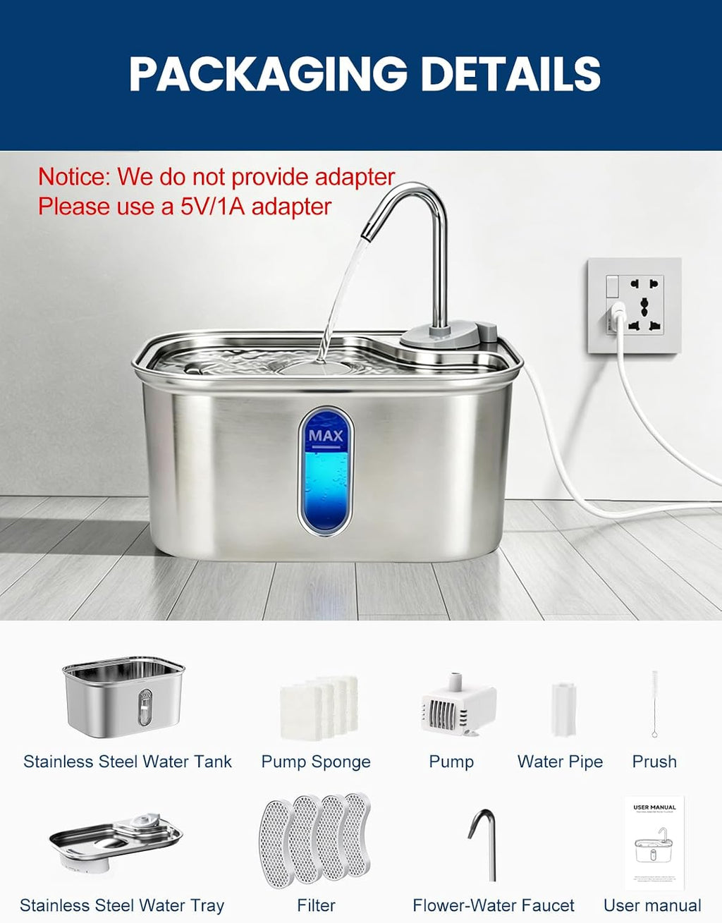 Cat Water Fountain Stainless Steel for Cats Indoor 2.5L 85oz by BPA-Free SUS304, Effective 6-Layer Filter Cat Fountain for Drinking 15dB Ultra Quiet Metal Pet Water Fountain (Fountain+4 Filters)