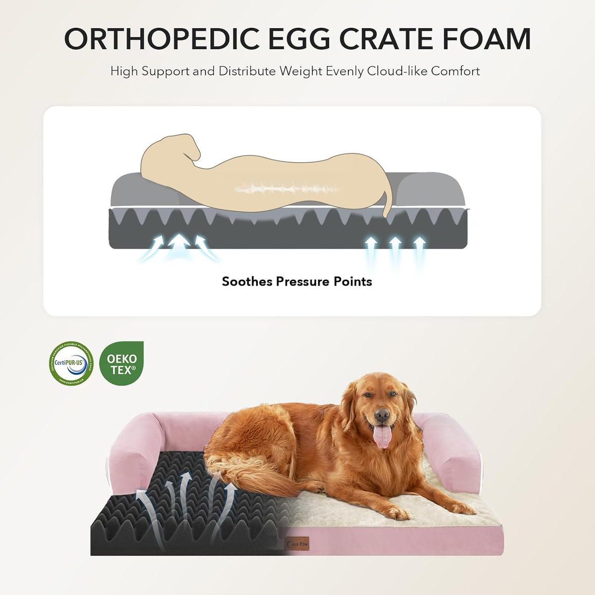 Orthopedic Washable Dog Bed for Extra Large Dogs, 53x42in, Pink