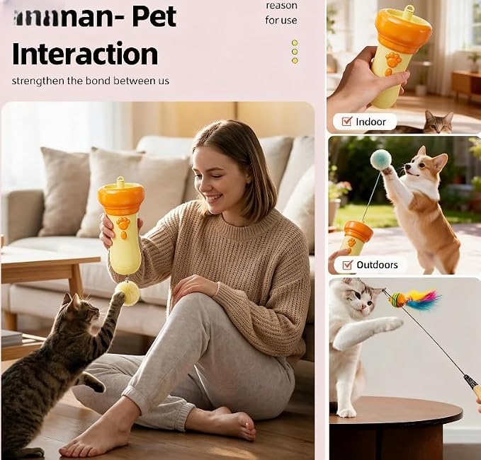 Electric Cat Wand Toy Retractable for Indoor Cats, Kittens Teaser Launcher with Ball & Telescopic Rope Launcher, Electric Interactive Toys for Cats, Relief Enrichment Toys (Orange)