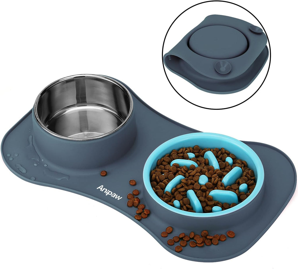 Slow Feeder Dog Bowls 3 in 1 Stainless Steel Food Water Bowl to Slow Eating | Durable, Non-spill & Non-skid with Silicone Mat Design, Slow Down Eating, Suitable for Small Medium Large Dogs and Cats