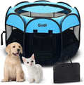 GOOZII Dog Playpen Portable Collapsible, Indoor Outdoor Pet Puppy Exercise Playpens Case with Zipper Door Top Cover Floor for Large Cat Rabbit Travel Camping (Small Size, Black/Blue)