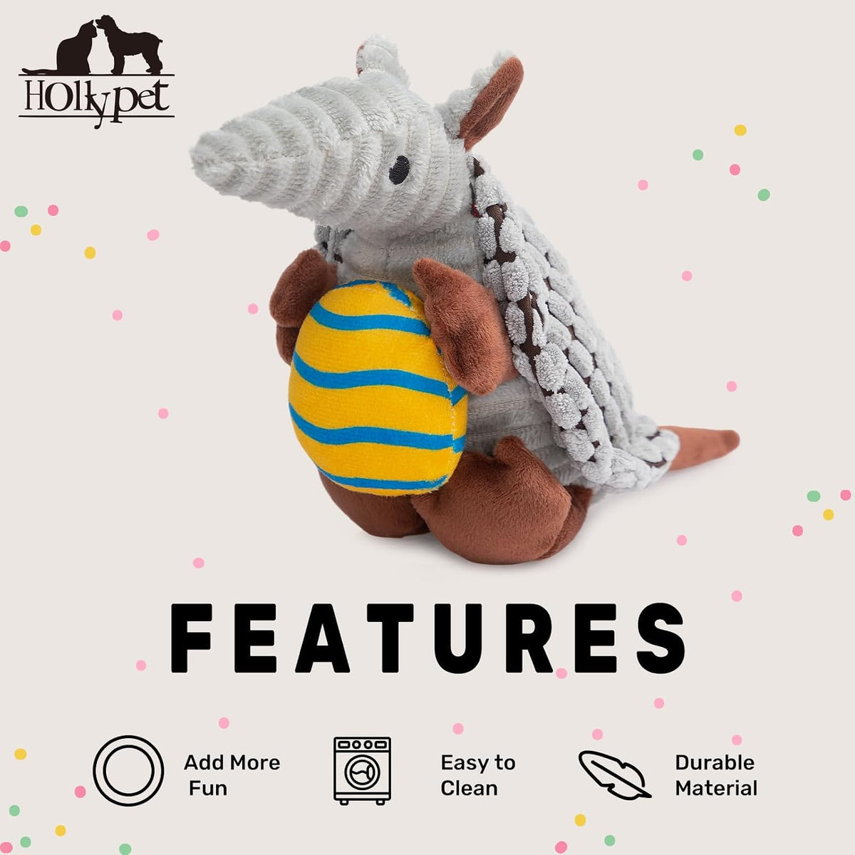 Hollypet Armadillo Squeaky Puppy Dog Toys for Small Medium Dogs, Yellow Egg | plush stuffed small dog squeak animal toy with unique grunt squeaker textured fabric for teeth cleaning toys