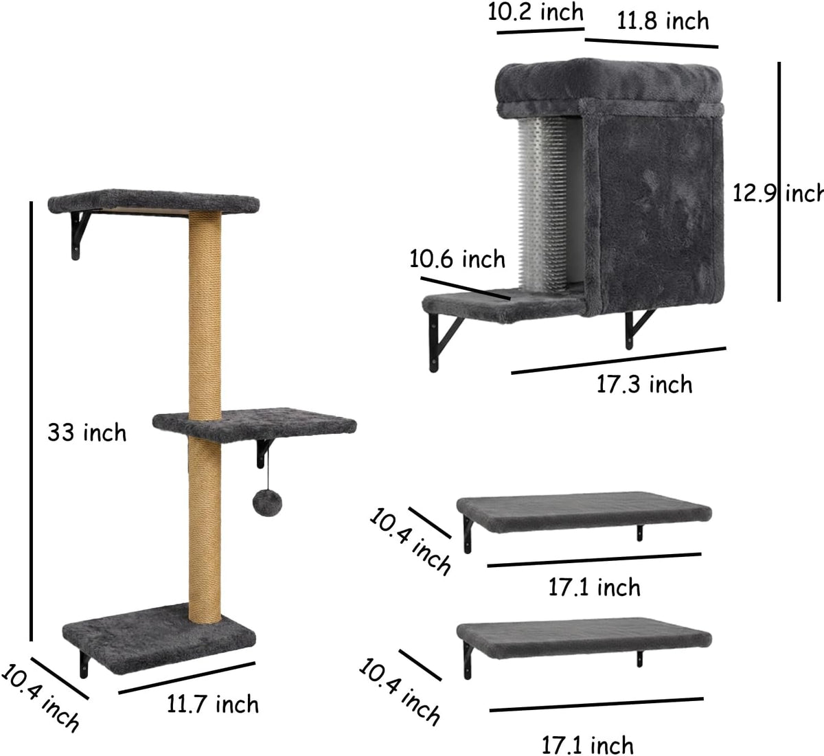 Cat Wall Shelves, 5-Piece Wall-Mounted Cat Tree for Large Cats, Cat Wall Furniture with Condo, Scratching Posts & Climbing Platforms