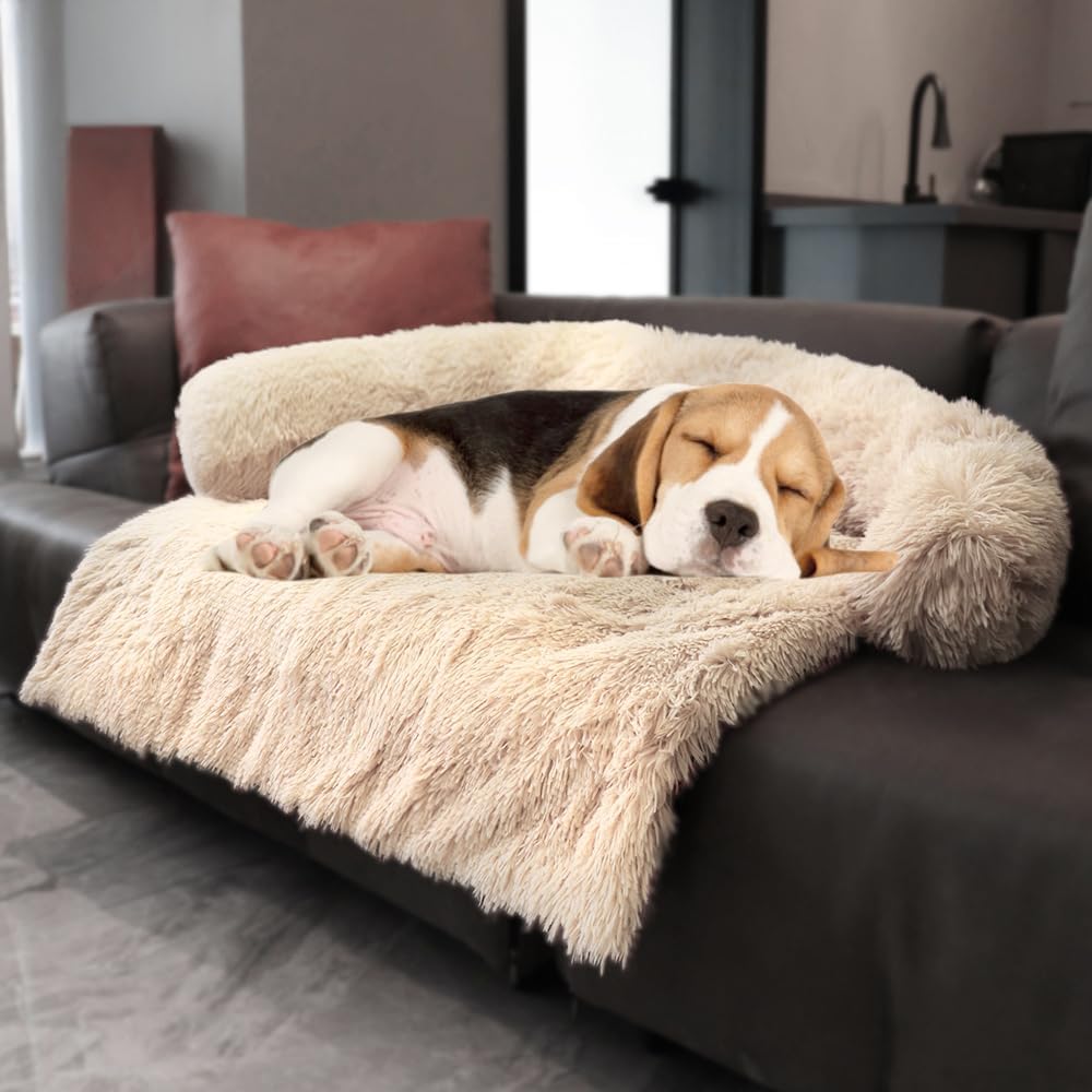 Calming Dogs/Cats Bed Mats, Dog Pad Washable Removable Couch Cover, Plush Long Fur Mat for Pets, Waterproof, Perfect for Small, Medium and Large Dogs and Cats (Beige, 36"x31.5"x 5.0")