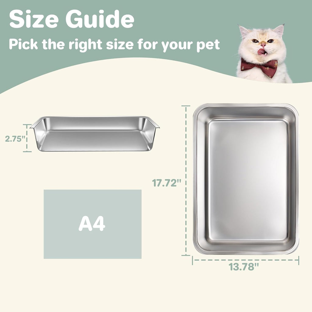 Low Entry Stainless Steel Cat Litter Box for Kittens, Metal Kitty Shallow Litter Box, Easy Access Kitty Litter Pan Tray, Easy Cleaning -17.72'' Lx 13.78'' W x 2.76'' H