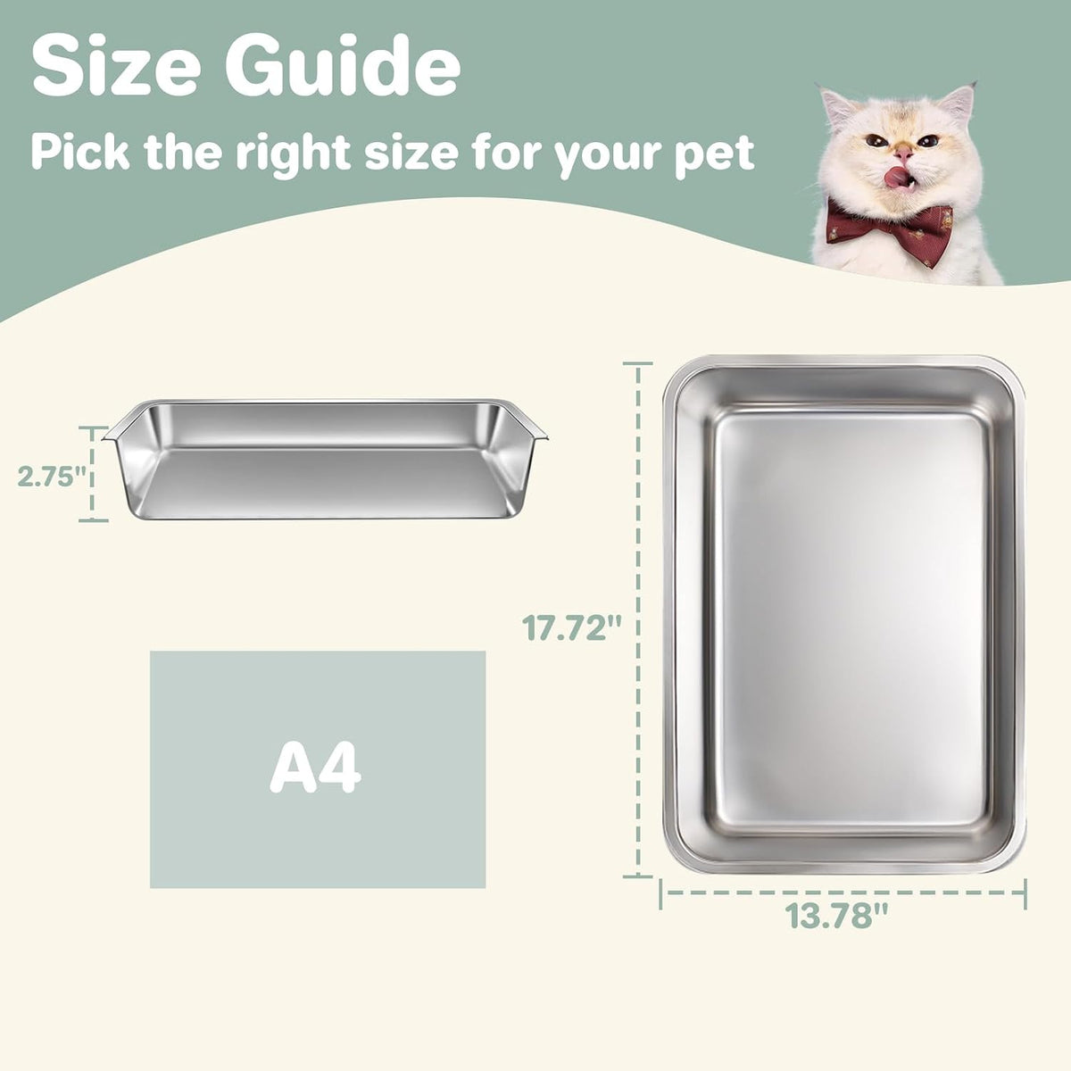 Low Entry Stainless Steel Cat Litter Box for Kittens, Metal Kitty Shallow Litter Box, Easy Access Kitty Litter Pan Tray, Easy Cleaning -17.72'' Lx 13.78'' W x 2.76'' H