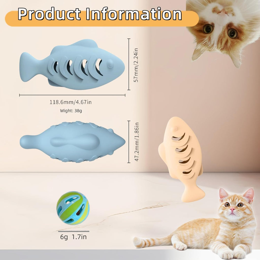 2Packs Silicone Fish Cat Toy with A Bell Ball, Interactive Treat Dispenser and Teething Chewer for Indoor Kittens, Durable Food Puzzle Promotes Mental Stimulation, Reduces Boredom