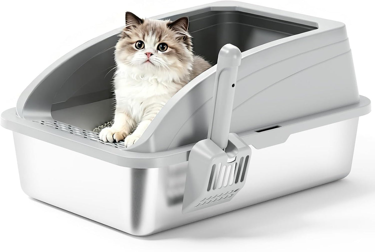 Stainless Steel Cat Litter Box with Lid, Metal Kitty Litter Box with Scoop, Non-Stick Base, Easy to Clean for Cat, Rabbit, Guinea Pigs and Hamsters - Gray