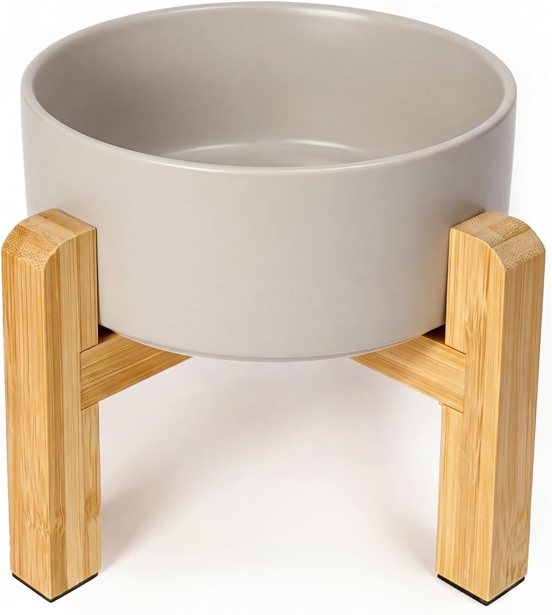 Ceramic Elevated Dog Bowl with Bamboo Stand, for Small & Medium Dog, Grey
