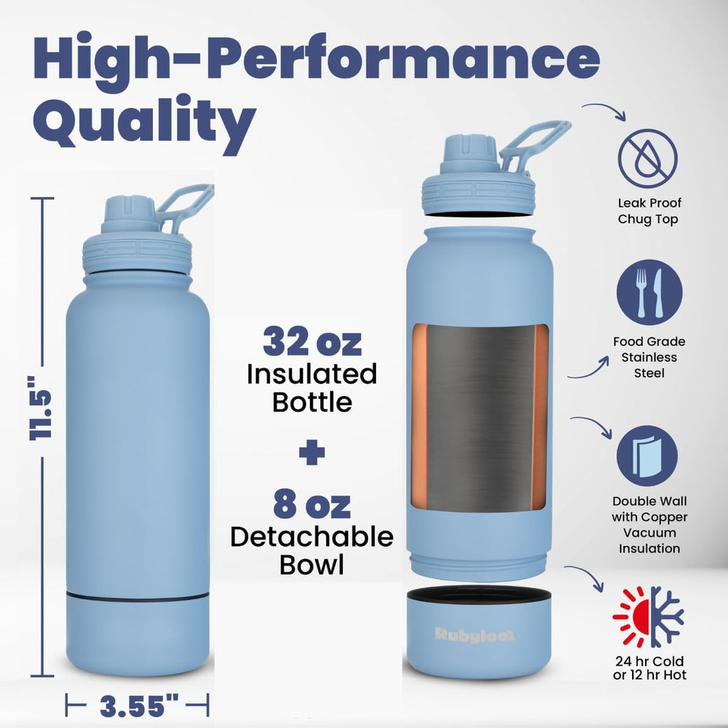 Rubyloo Dog Water Bottle with Detachable Bowl for Dog Lovers, Dusty Blue | 32oz Insulated Stainless Steel Bottle, 8oz Detachable Bowl, Leak-Proof Lid, BPA-Free, Hiking, Walking, Travel, Gift