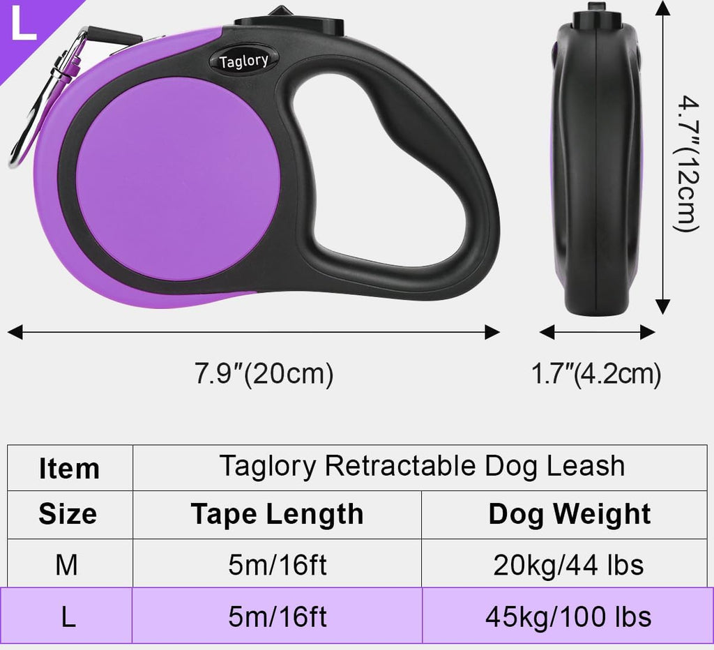 Taglory Retractable Dog Leash, One-Handed Brake, 16ft, Up to 44 lbs, Purple