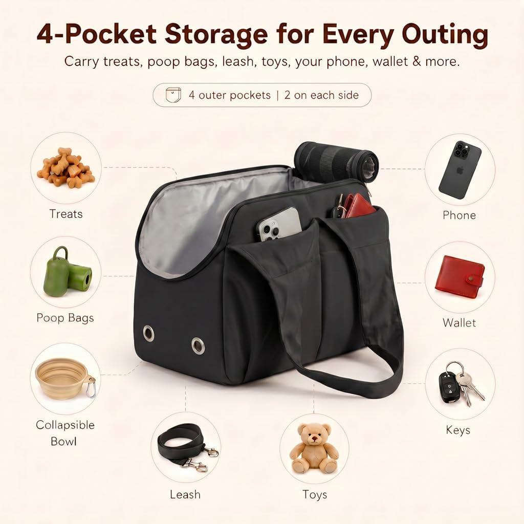 Fashion Dog Purse Carrier for Small Dogs and Cats, Soft-Sided Puppy Tote Bag Up to 13 lbs, Lightweight Pet Carrier with 4 Pockets, Smart Zipper Lock, Pet Travel Bag for Travel Outdoor(Black)