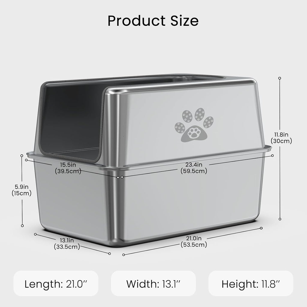 Enclosed Stainless Steel Cat Litter Box with Lid, XL Pan for Big Cats