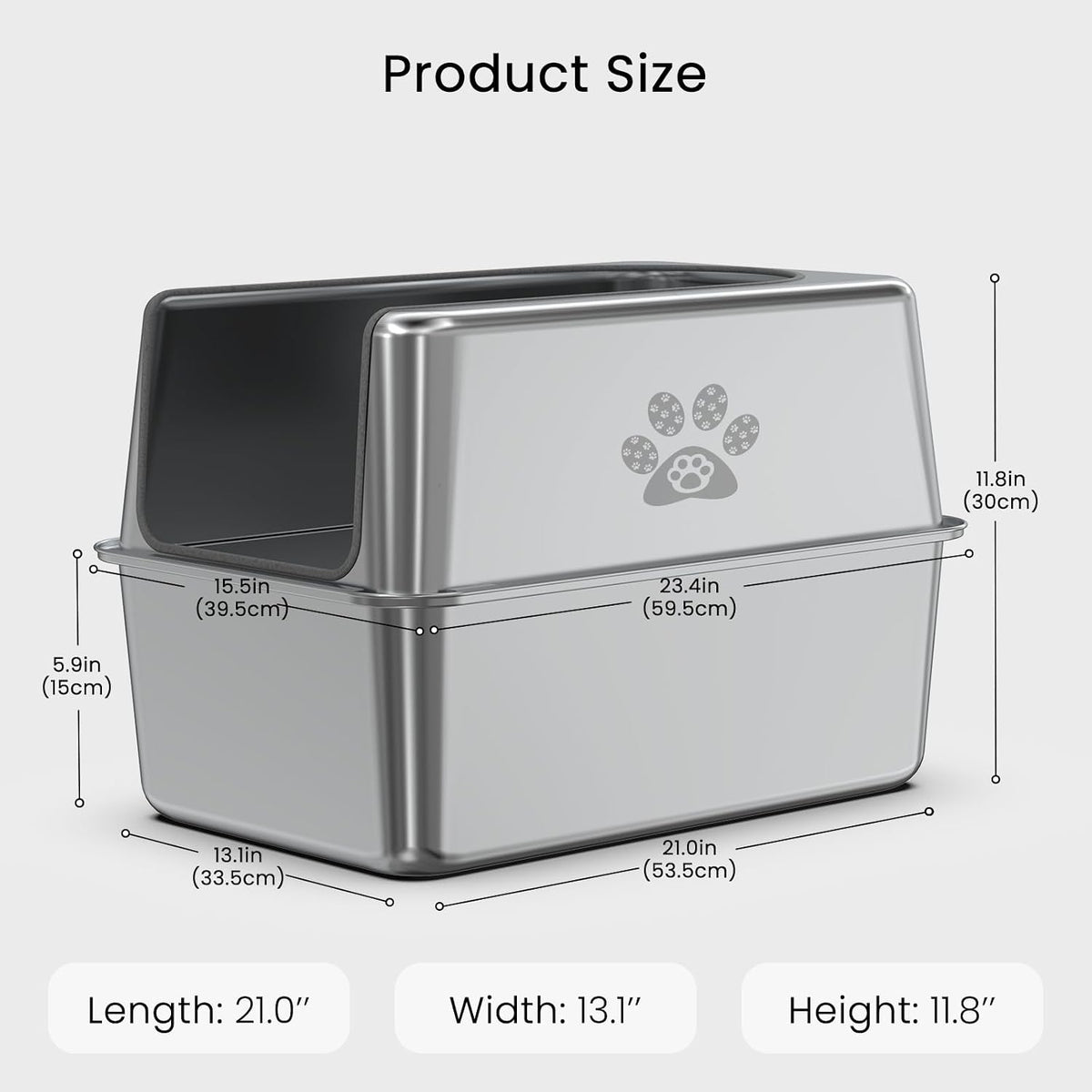 Enclosed Stainless Steel Cat Litter Box with Lid, XL Pan for Big Cats