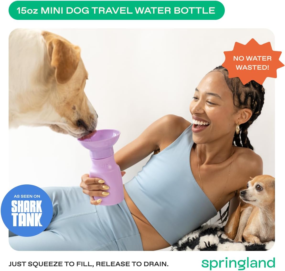 Springland 15oz Classic Portable Dog Water Bottle with Built-in Bowl, Lilac | Leak-proof, BPA-free, one-hand squeeze, for travel & hiking, fits car cup holders, great dog gift, as seen on Shark Tank 