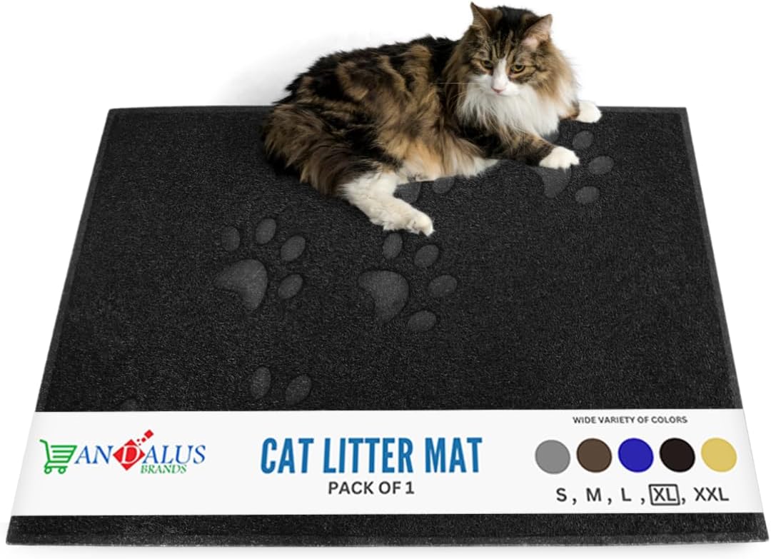 Andalus Extra Large Cat Litter Mat, Pack of 1 - Waterproof, Non-Slip & Easy to Clean Cat Litter Box Mat for Extra Efficient Pet Litter-Trapping, Black (35” X 23”)