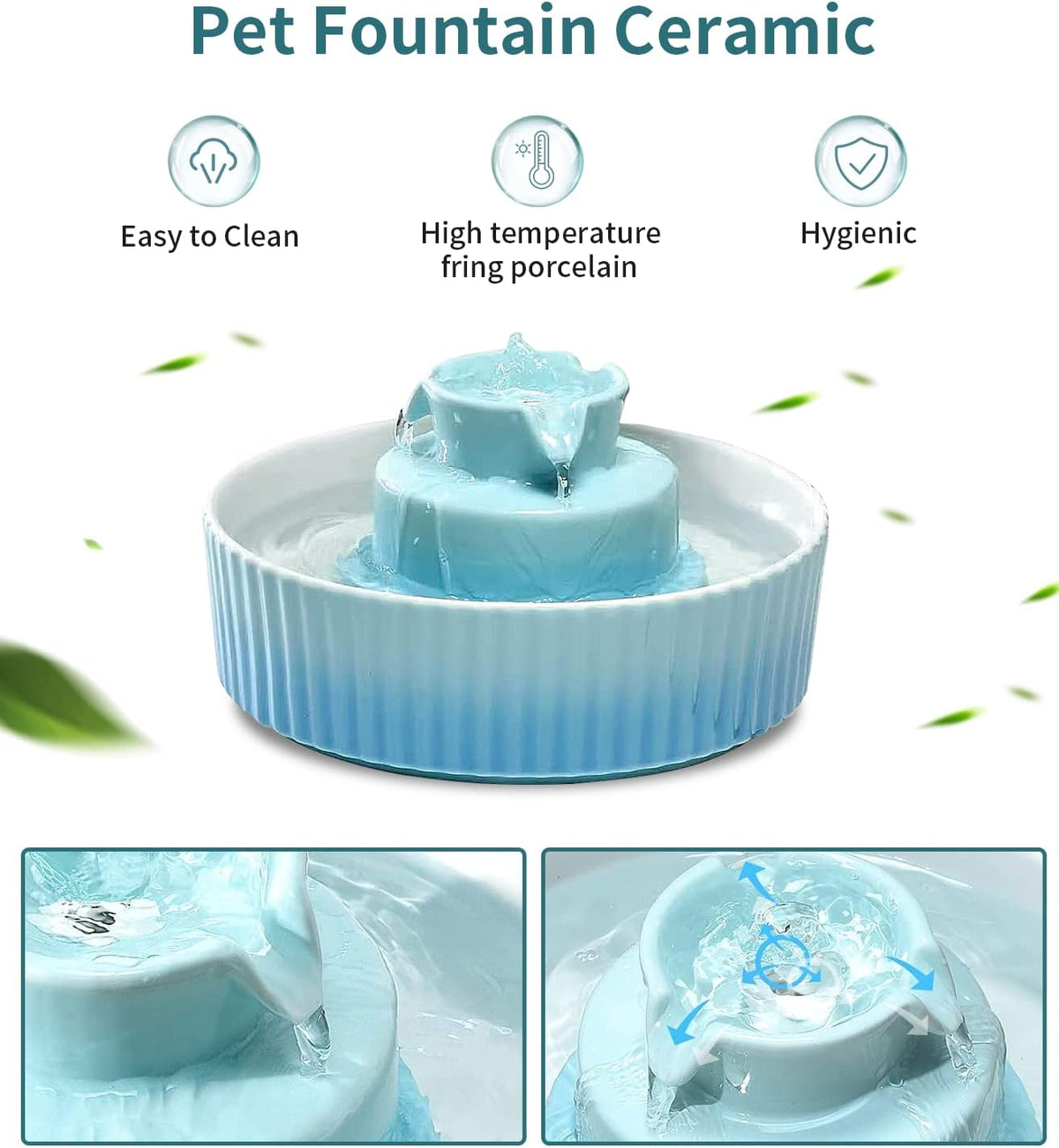 Ceramic Cat Water Fountain, Ceramic Pet Fountain, 2.1 L Drinking Fountains Bowl for Cats and Dogs with Replacement Filters and Foam(Sky Blue)