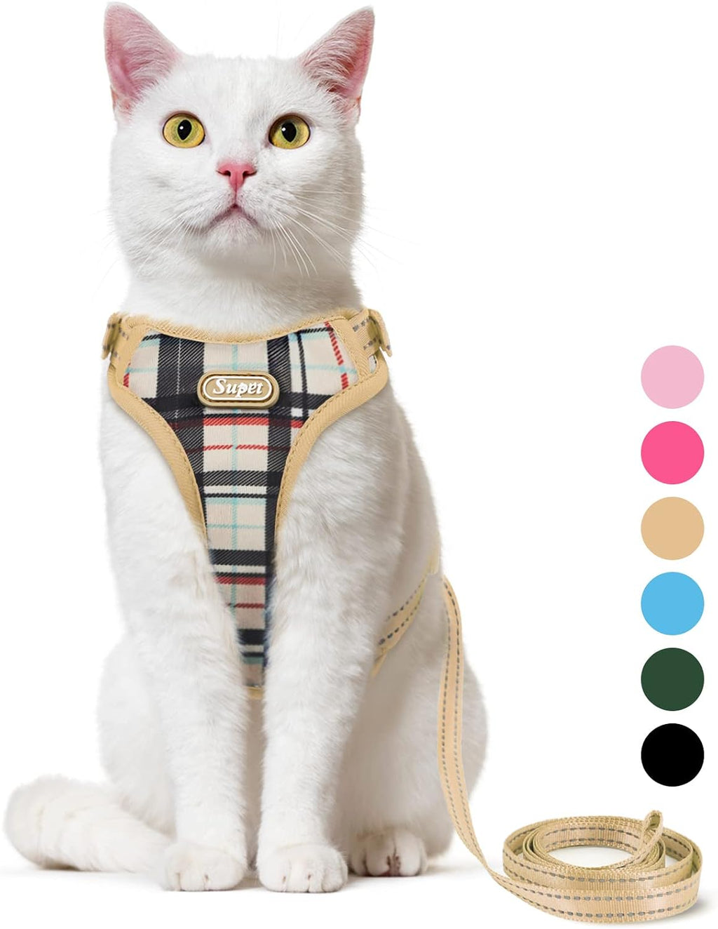 Supet Cat Harness and Leash Escape Proof for Walking, Khaki Plaid Cat Vest Harness and Leash Set for Large and Small Kittens Dogs