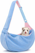 Ferret Sling Carrier, Soft Fleece Small Pet Carrier Bag with Adjustable Shoulder Strap, Hands-Free Bonding Travel Pouch for Guinea Pigs, Kittens, Puppies & Small Rabbits Under 10 lbs, Blue