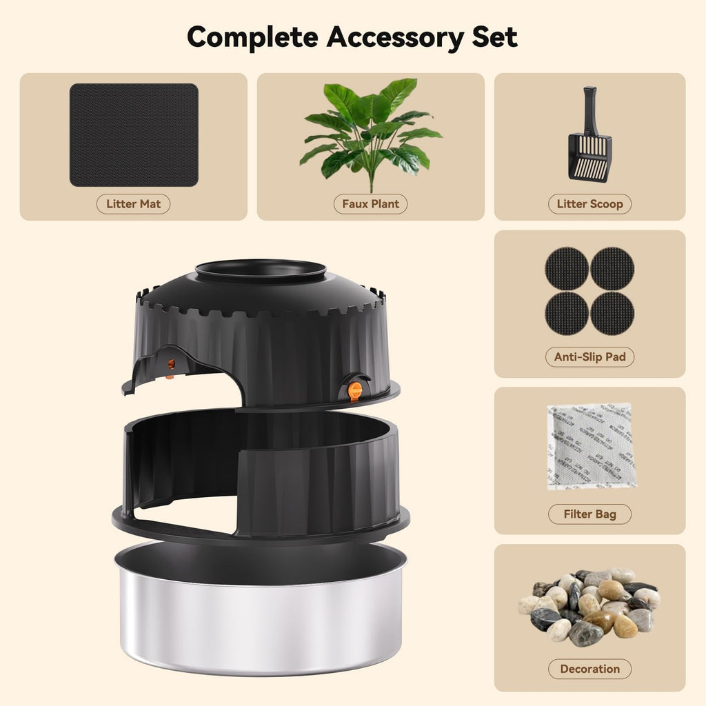 Hidden cat Litter Box Featuring a Stainless Steel Tray, Faux Greenery, an Activated Carbon Packet, and a Scoop; Plant-Style Litter Box Furniture; Includes a Free Litter mat