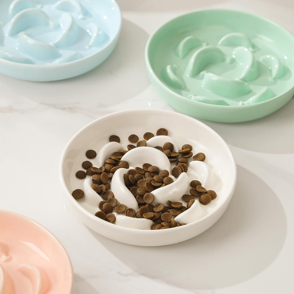 Ceramic Slow Feeder Cat Bowl, 6.3'' Wide Whisker Friendly Cat Puzzle Feeder | Slow Eating 5x, Anti Vomit Shallow Slow Eating Cat Dish for Dry and Wet Food, Microwave and Dishwasher Safe, 6.3" X 1.2"