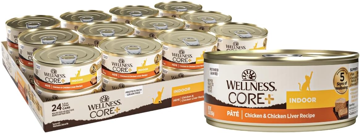 Wellness CORE+ Pate Adult Canned Wet Cat Food for Indoor Cats, Natural, Protein Rich, Grain Free, Chicken Recipe, 5.5 oz, Pack of 12 Cans