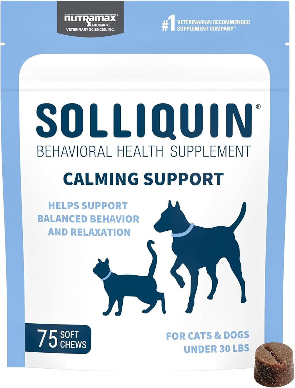 Nutramax Solliquin Calming Behavioral Health Supplement for Small to Medium Dogs and Cats - with L-Theanine, Magnolia/Phellodendron, and Whey Protein Concentrate, 75 Soft Chews