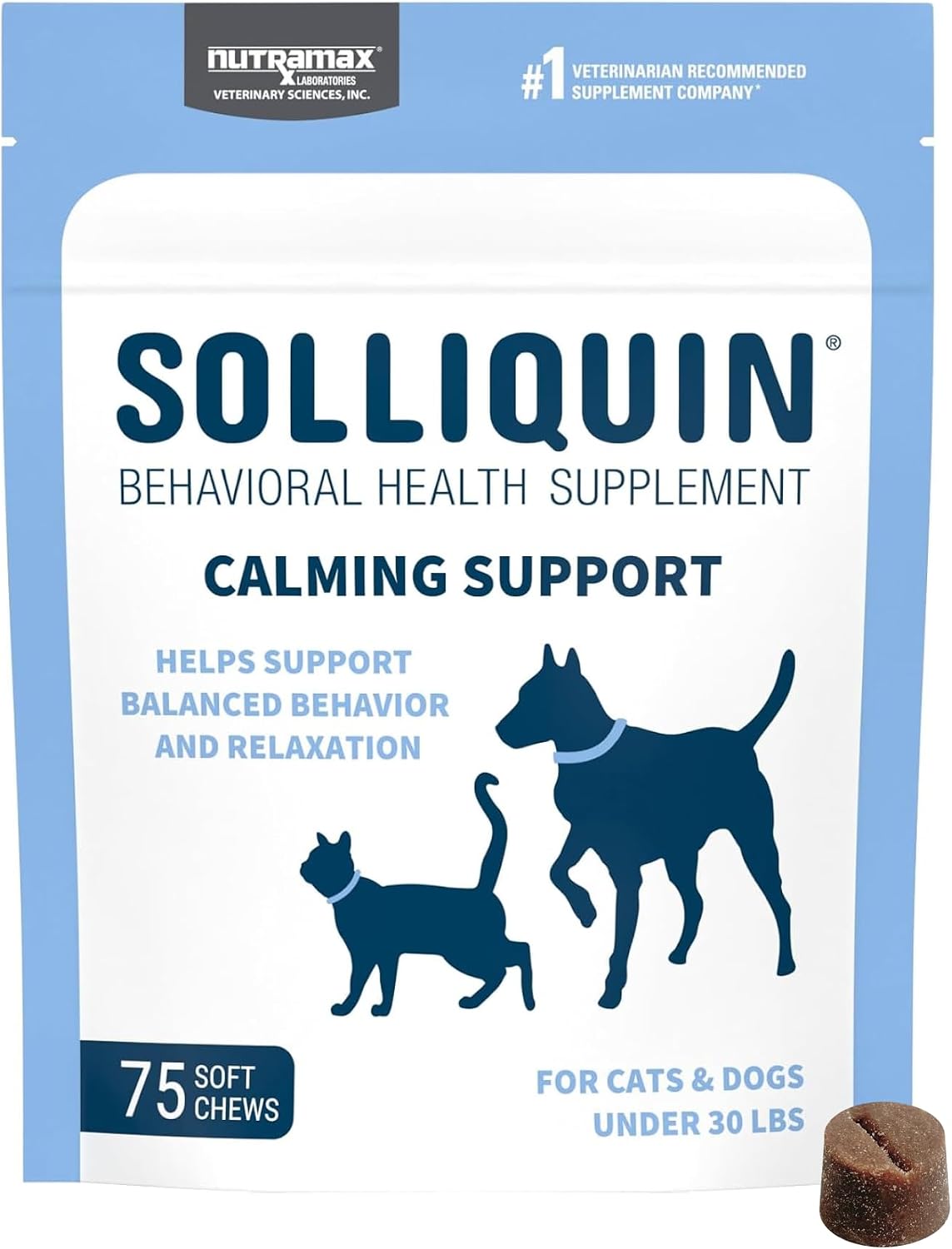 Nutramax Solliquin Calming Behavioral Health Supplement for Small to Medium Dogs and Cats - with L-Theanine, Magnolia/Phellodendron, and Whey Protein Concentrate, 75 Soft Chews