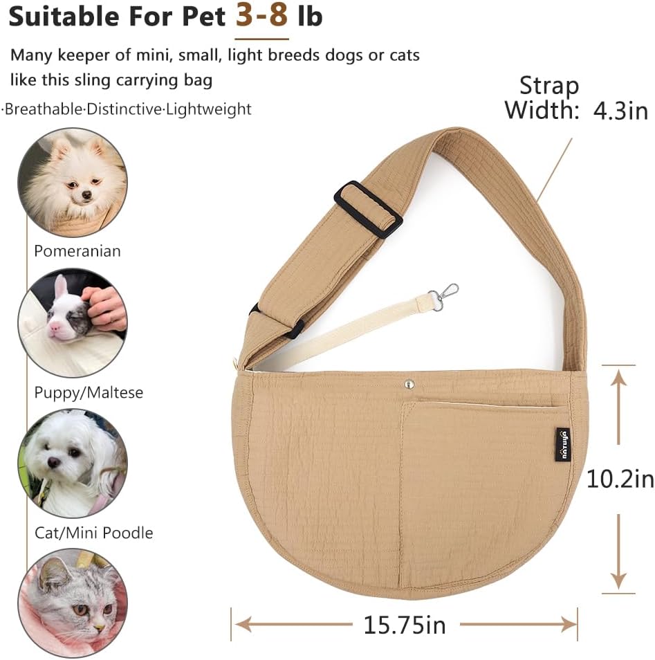 NATUYA Small Dog Cat Carrier Sling, Adjustable Canvas Pet Puppy Pouch,Brown