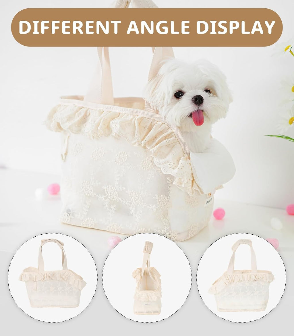 ONECUTE Dog Carrier for Small Dogs Rabbit cat with Lace Design, Cotton Bag, Dog Carrier Soft Sided, Collapsible Travel Puppy Carrier (Beige, 13" L x 6.7" W x 10.6" H)