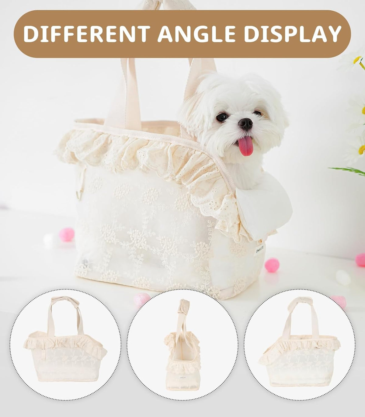 ONECUTE Dog Carrier for Small Dogs Rabbit cat with Lace Design, Cotton Bag, Dog Carrier Soft Sided, Collapsible Travel Puppy Carrier (Beige, 13" L x 6.7" W x 10.6" H)