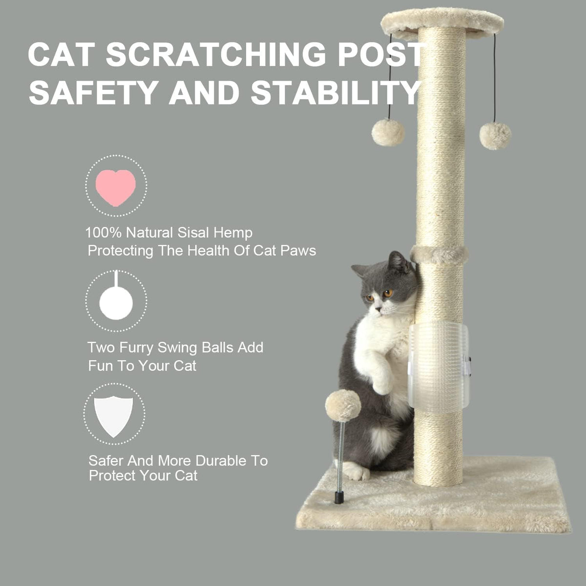 PEEKAB 32" Tall Cat Scratching Post Sisal Rope Scratch Posts with Hanging Ball and Self-Massage Brush Vertical Scratcher for Indoor Cats and Kittens(Beige 32inches)
