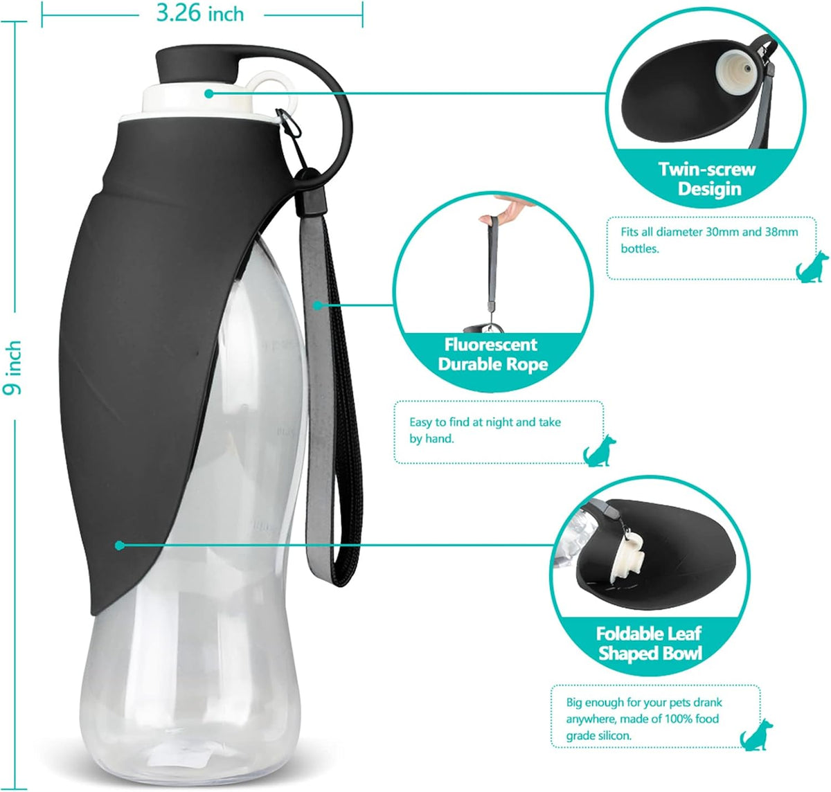TIOVERY Dog Water Bottle, Portable Pet Water Dispenser Feeder Leak Proof with Drinking Cup Dish Bowl for Outdoor Walking, Hiking, Travel, 20OZ Water Bottle Fit for Small to Large Dogs and Cats Black 
