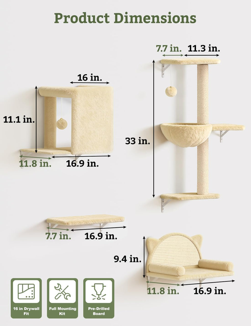 5-in-1 Cat Wall Shelves, Solid Wood Cat Wall Furniture Set for Indoor Cats