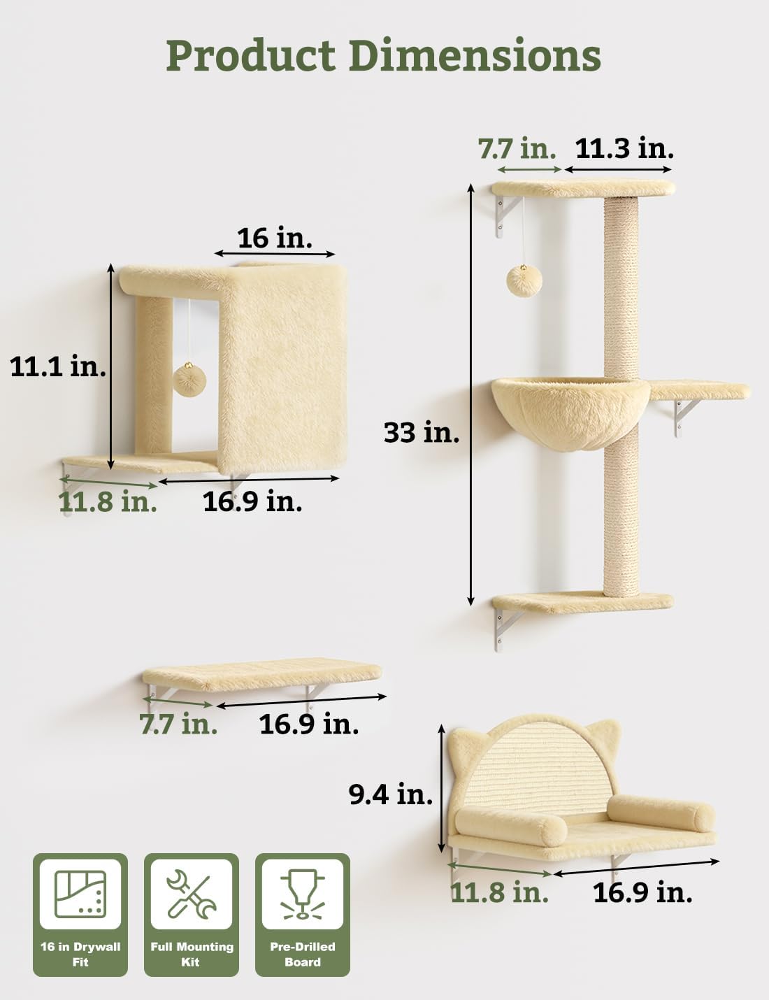 5-in-1 Cat Wall Shelves, Solid Wood Cat Wall Furniture Set for Indoor Cats