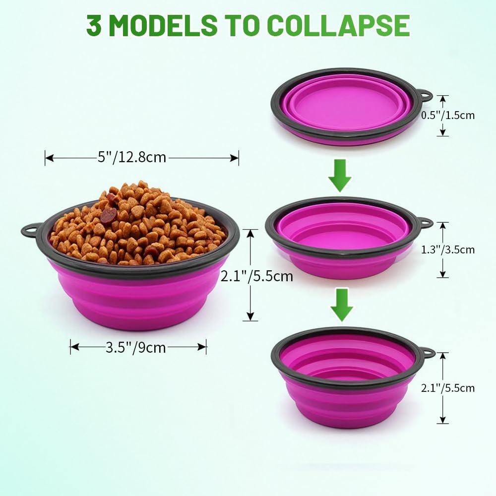Dog Bowl Pet Collapsible Bowls, 2 Pack Collapsible Dog Water Bowls for Cats Dogs, Portable Pet Feeding Watering Dish for Walking Parking Traveling with 2 Carabiners (Small, Green+Purple) 