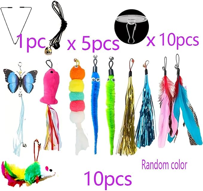 Door Hanging Cat Toys with Suction Cups, Interactive Hanging Feather & Plush Cat Toy with Bell, Assorted Replaceable Refills for Indoor Kitten Hunting Exercise (10 Pcs Assorted Set)