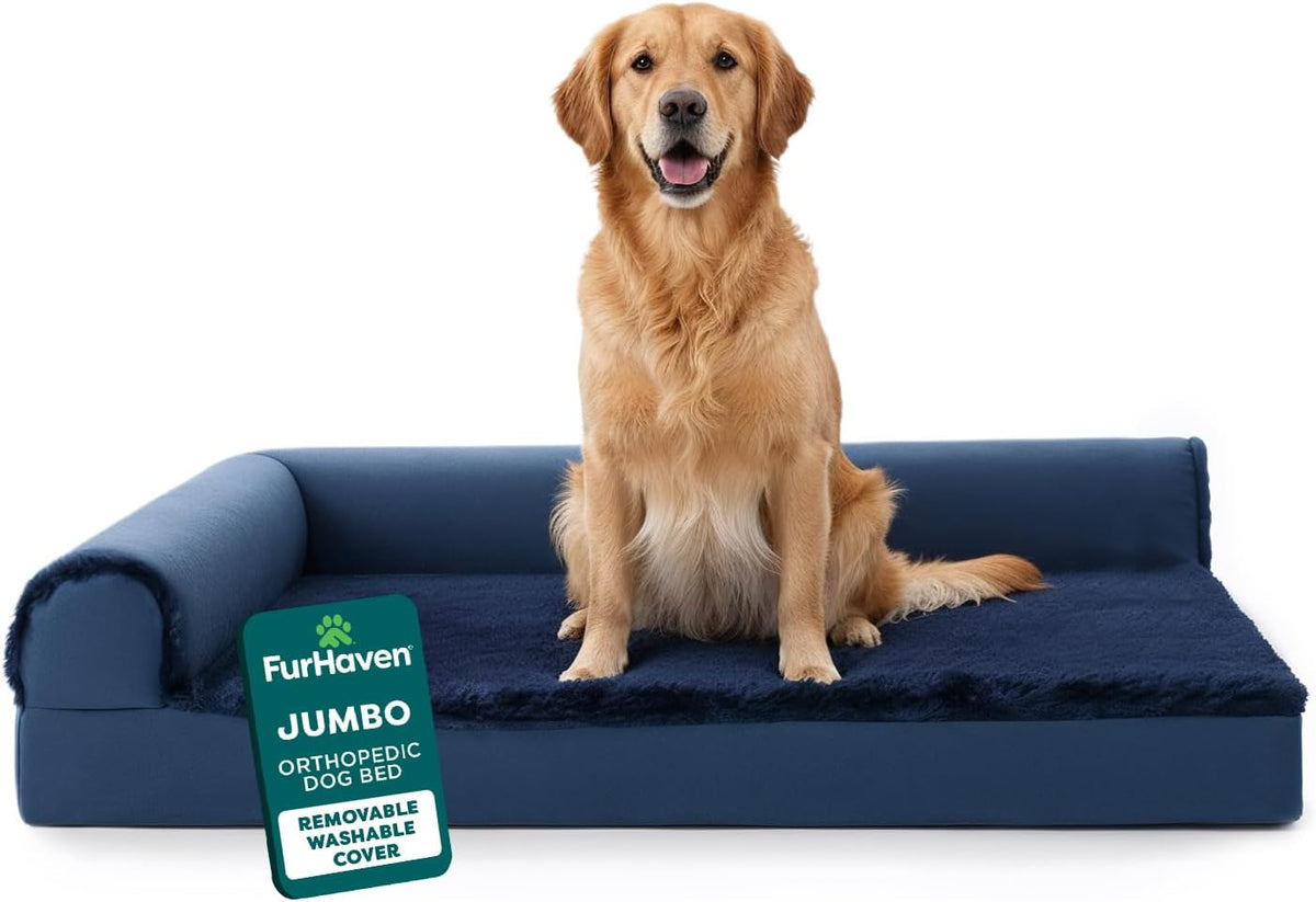 Furhaven Orthopedic Dog Bed for Large Dogs w/ Removable Bolsters & Washable Cover, For Dogs Up to 95 lbs - Plush & Velvet L Shaped Chaise - Deep Sapphire, Jumbo/XL