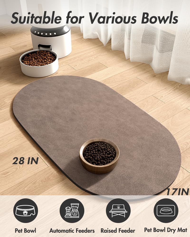 MontVoo Absorbent Dog Food Mat-Dog Mat for Food and Water Bowl | Quick Dry Pet Dish Mat, No Stains & Easy Clean Cat Rug for Messy Drinkers Cat Accessories Pet Supplies, 17"x28", Brown