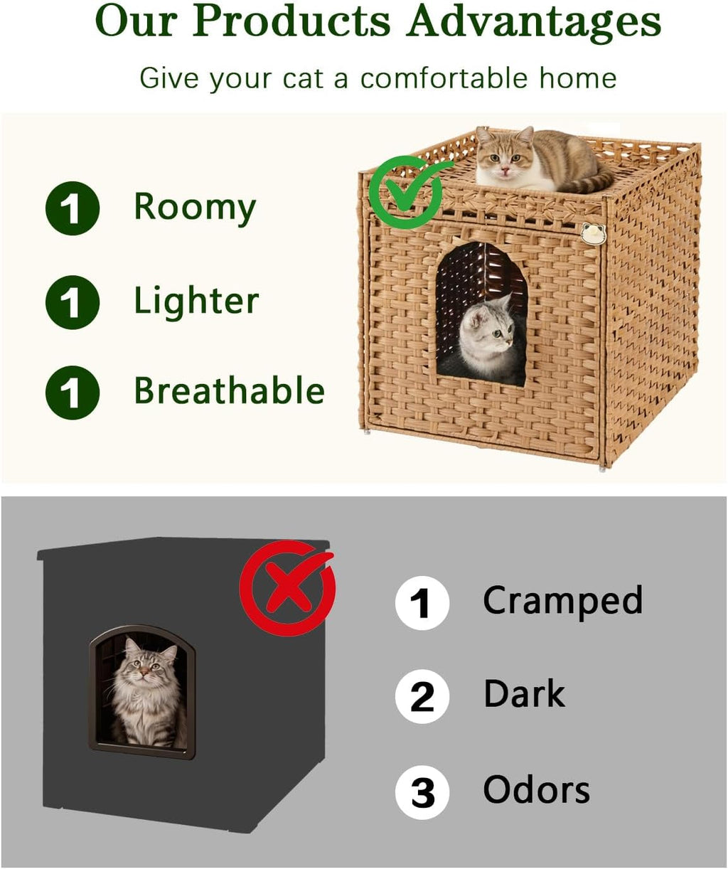 SETVSON Cat Litter Box Enclosure Furniture, Large PE Rattan Cabinet,Natural