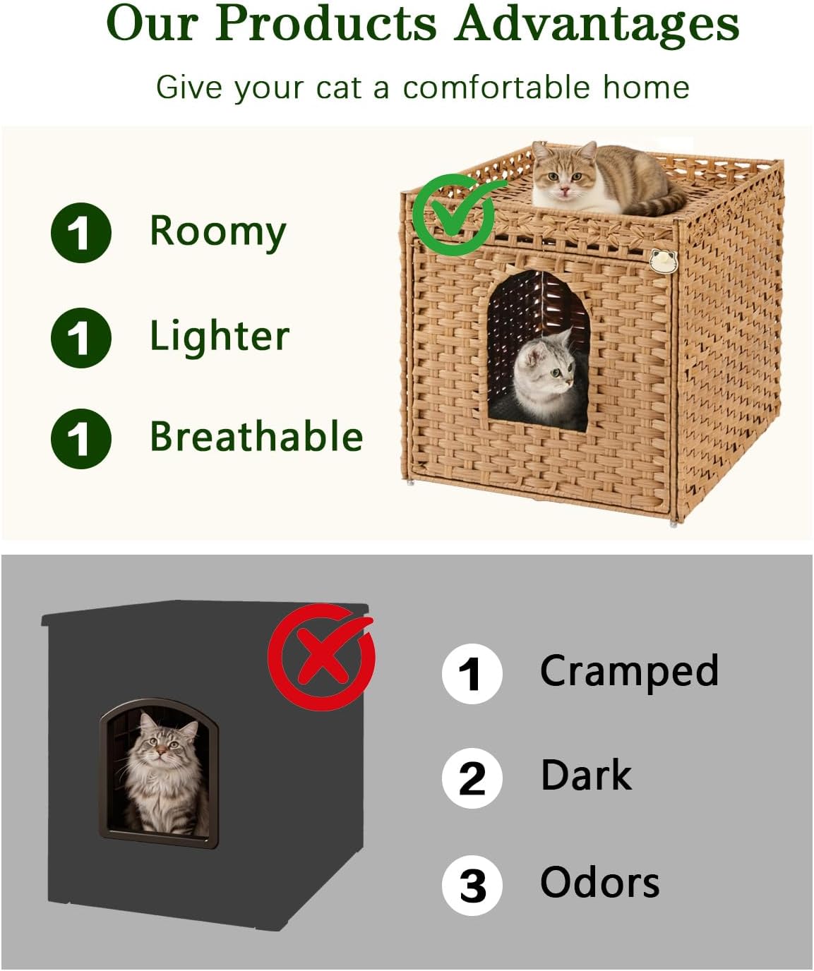 SETVSON Cat Litter Box Enclosure Furniture, Large PE Rattan Cabinet,Natural