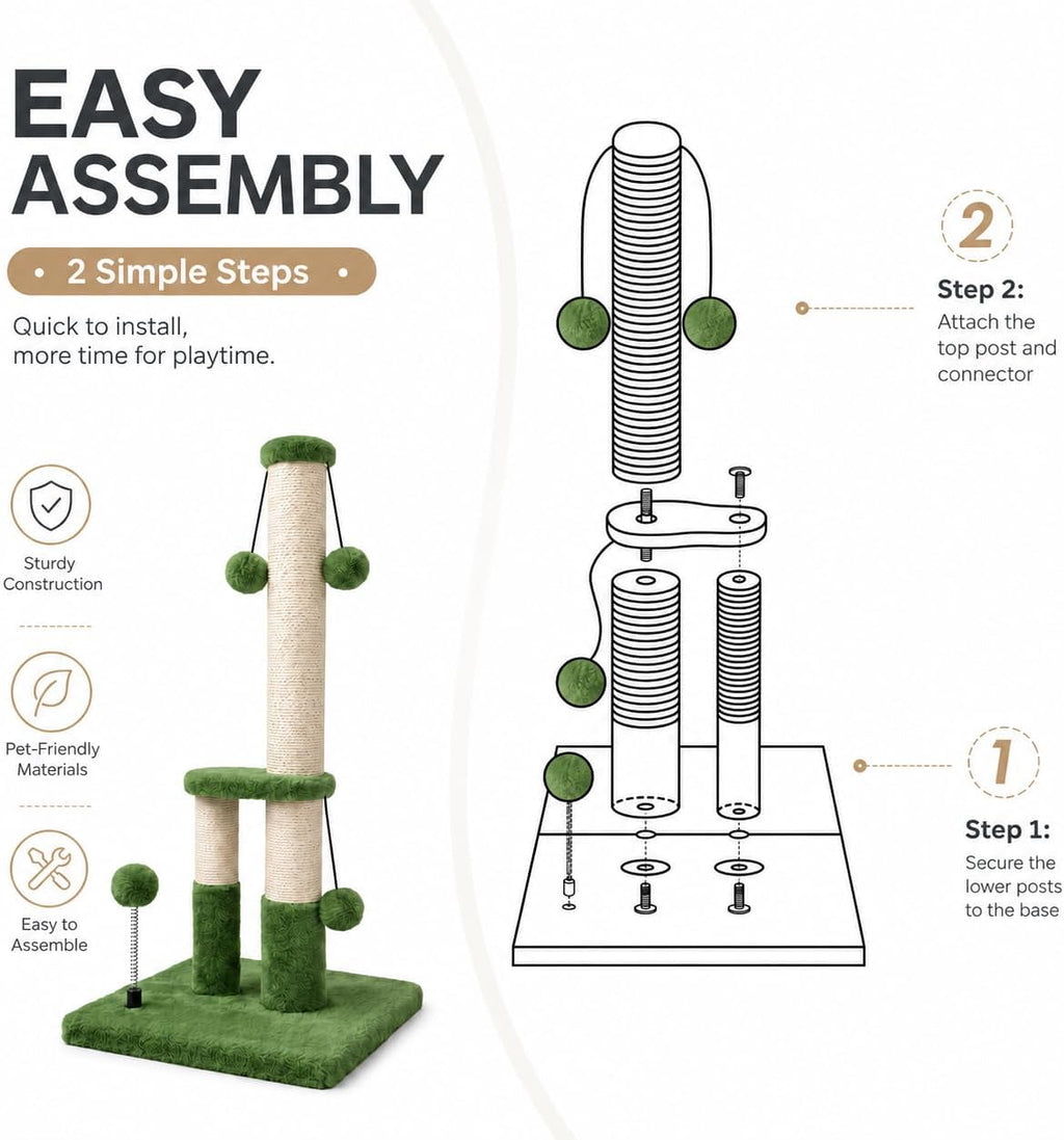 Dimaka Tall Cat Scratching Post, Double Lower Posts Extra Stable Cat Post Tree Scratcher with Sisal Rope and Teasing 4 Balls Total Large Base (Green)