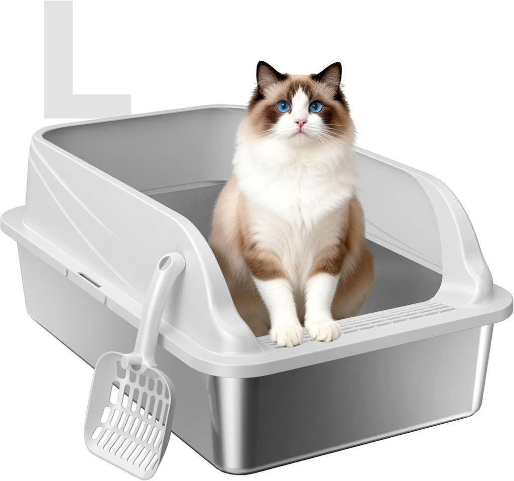 High-Sided Stainless Steel XL Cat Litter Box for Cats | High-sided design prevents urine leakage. Non-stick and easy to clean. Includes scoop.