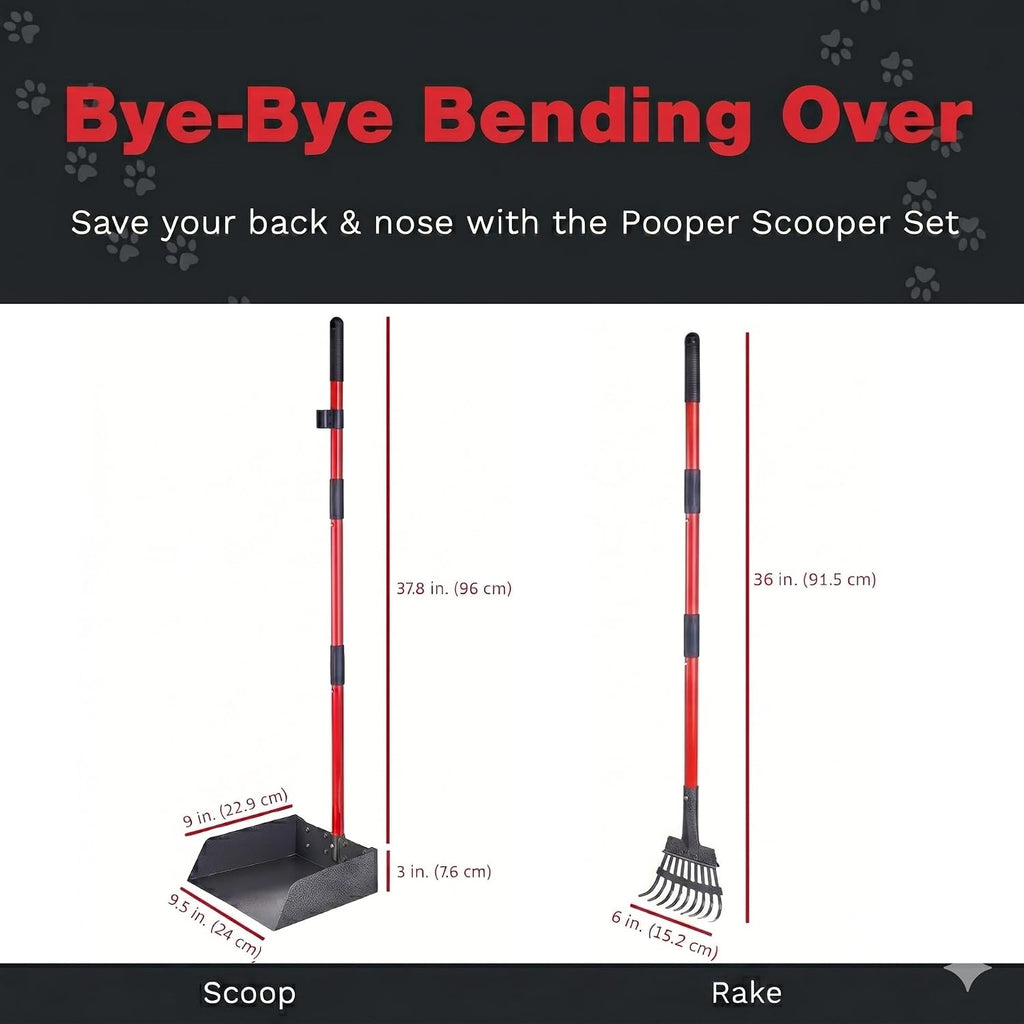 Metal Pooper Scooper for Dogs with Heavy Duty Long Handle Rake & XL Tray