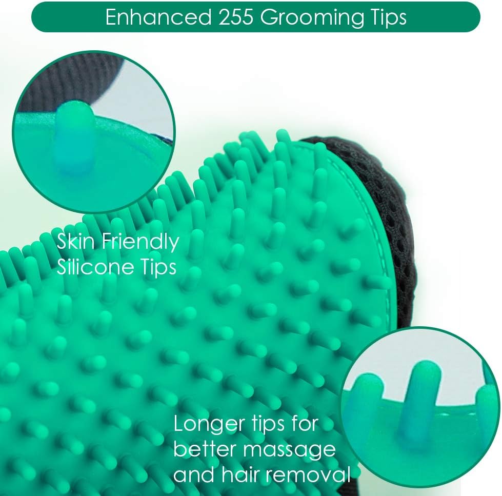 Pet Hair Removal Glove with 255 Silicone Tips for Dogs & Cats, 1 Pair Green | 2-in-1 Deshedding & Massage Mitt, 5-Finger Flexible Design, for Bathing & Grooming, Safe for Long/Short/Curly Hair Pets 